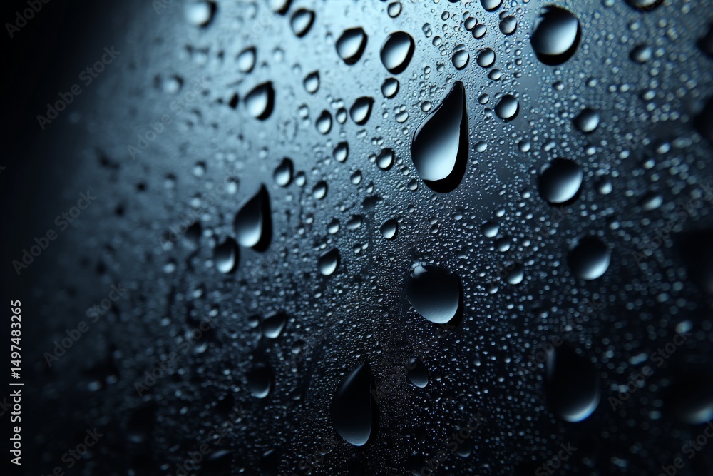 Aufkleber Water droplets cluster on a dark surface creating a reflective and textured appearance in low light