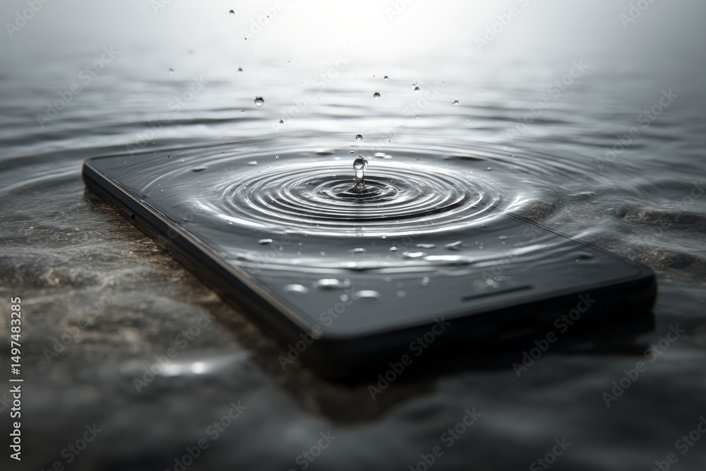 Poster Smartphone submerged in water creating ripples at twilight