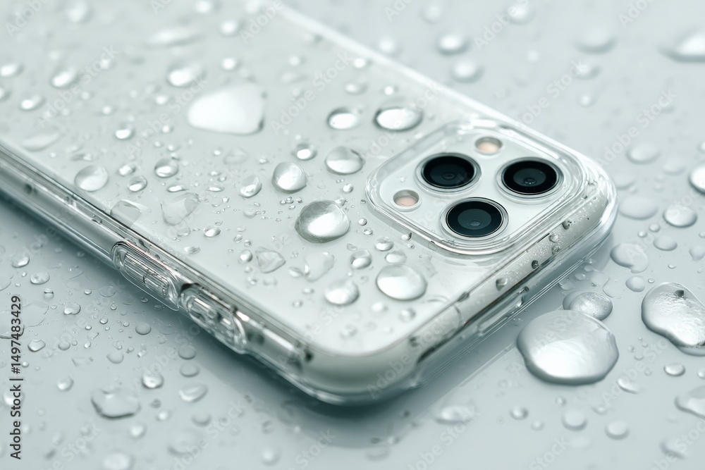 Poster clear smartphone case with water droplets on a surface in a well-lit environment during daytime