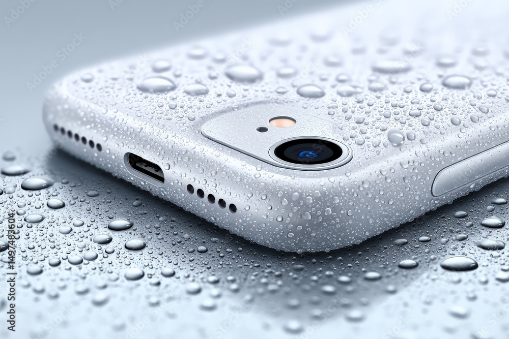 Poster smartphone resting on a surface covered in water droplets in a close-up view during a rainy day