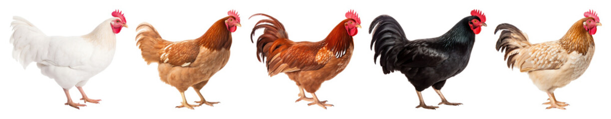 Fototapeta premium PNG Five chickens in a row, each with different colors element set on transparent background.