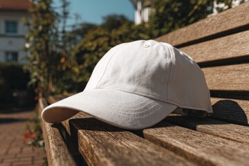 White baseball cap resting on wooden bench in sunny park during daytime