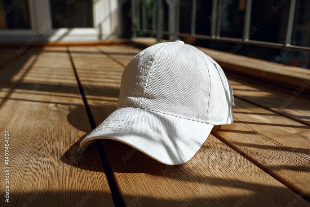 Poster white cap resting on wooden surface with shadows from nearby railing