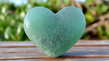 Green aventurine heart on wooden surface expressing love and healing energy