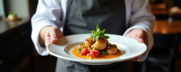 Chef proudly presents plated dish, elegant setting, pride, culinary art, plating