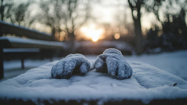 Forgotten winter gloves resting on a snow-covered surface at sunset
