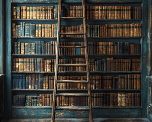 Fototapeta premium A scholarly library with towering bookshelves and a wooden ladder