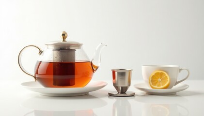 Fototapeta premium Elegant teapot, cups, and infuser on pristine white background, teacup, lifestyle, serene
