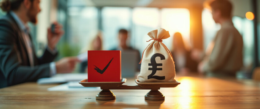 red checkmark balances against a bag of money on a scale.