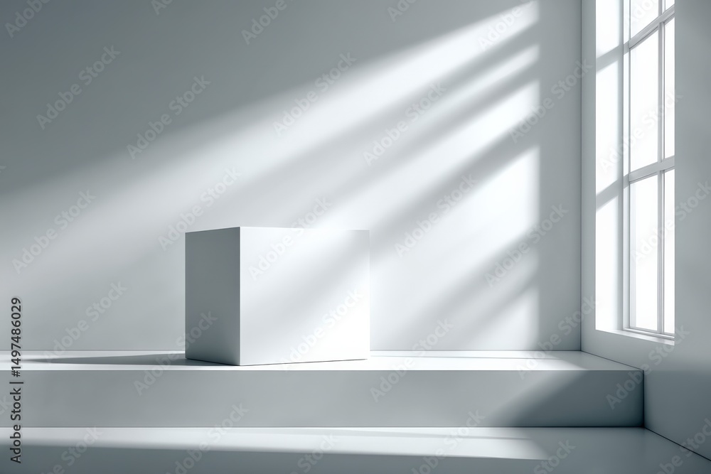 Poster minimalist white cube in a sunlit room with soft shadows creating a serene atmosphere