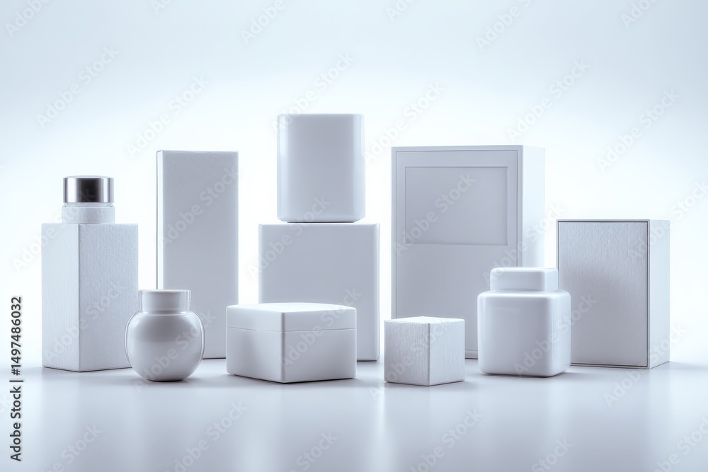 Poster modern minimalist packaging design featuring various shapes and sizes in white against a bright back