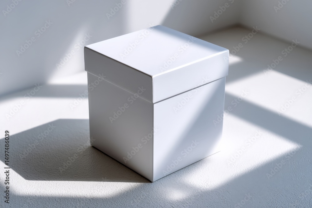 Poster minimalist white box on a bright surface illuminated by natural light casting soft shadows