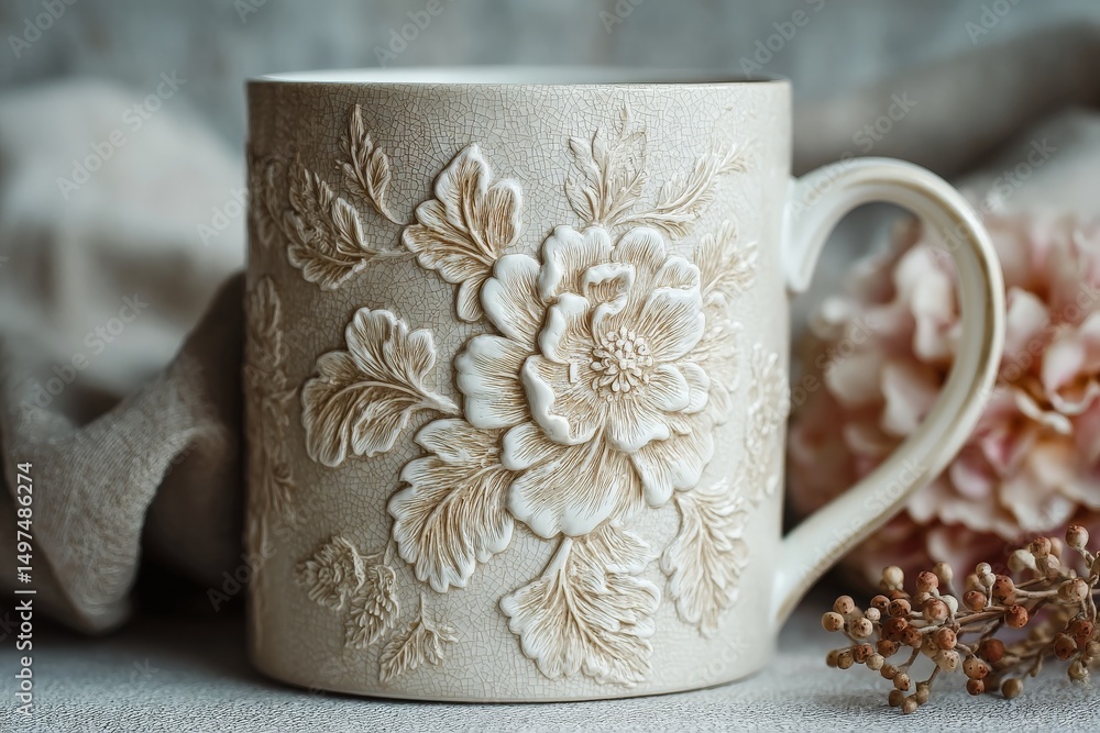 Aufkleber detailed floral mug design displayed on a soft fabric background with delicate decorations and subtl