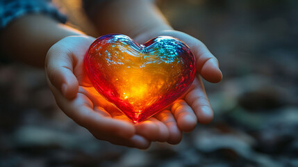 Child's hands holding a glowing heart-shaped glass object in a forest setting.