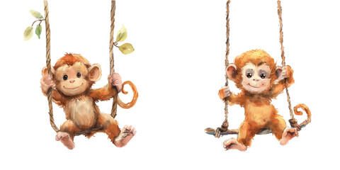 monkey swinging watercolor vector illustration © Dar
