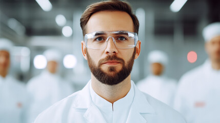 Fototapeta premium Focused scientist in lab coat and safety glasses stands confidently in modern laboratory with colleagues in background