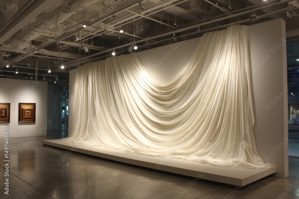 Poster textured fabric drapes create an artistic display in a modern gallery setting during an evening exhi