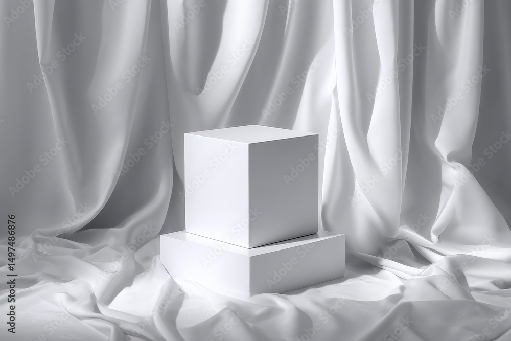 Aufkleber minimalist display featuring white boxes on textured fabric backdrop in a serene ambiance