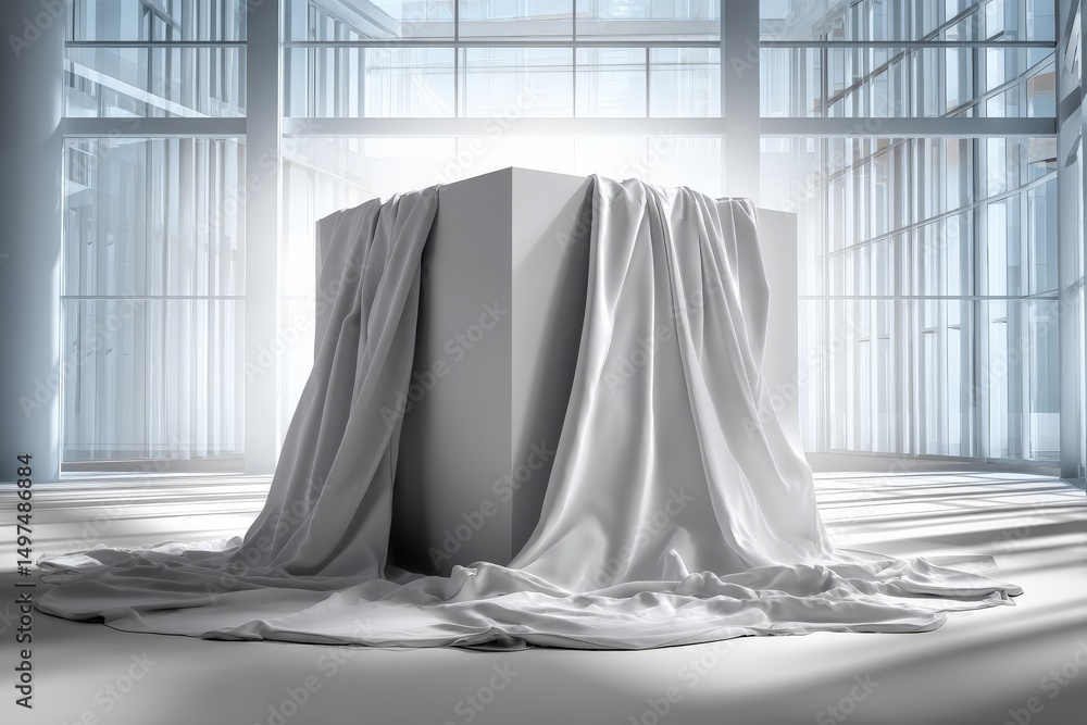 Poster mysterious covered sculpture displayed in a modern art gallery during daylight hours