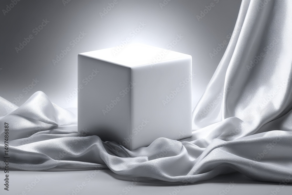 Poster Minimalist white cube illuminated on soft fabric draped elegantly, creating a serene and modern aesthetic
