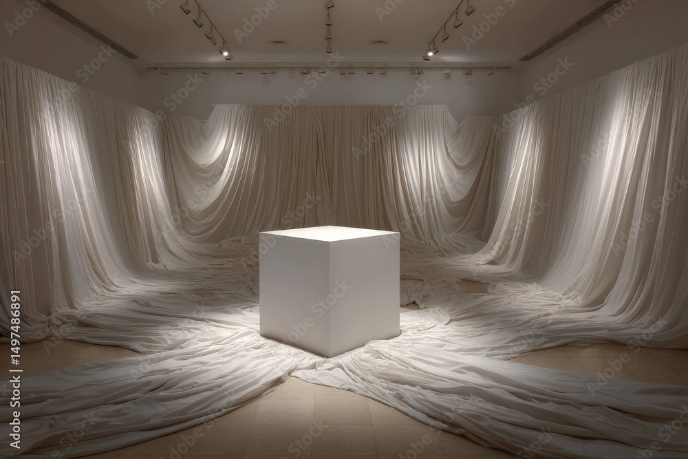 Aufkleber Art installation features a white cube surrounded by flowing fabric in an elegant gallery setting