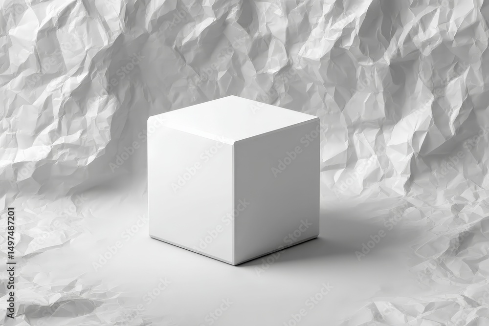 Poster White cube on crumpled paper surface with soft shadows in a minimalist setting for artistic inspiration