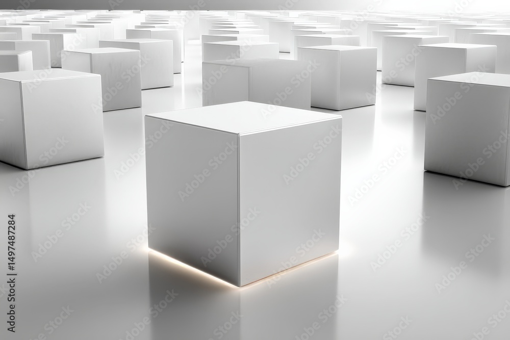 Poster Exploration of minimalism in a large space filled with illuminated white cubes at an art installation