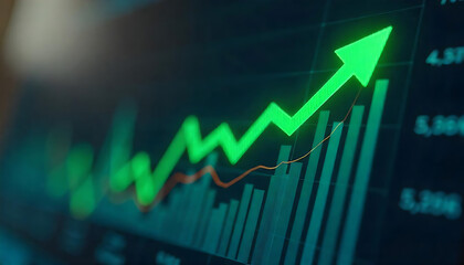 Green arrow pointing upward on financial graph. Business growth chart with rising trend line. Digital stock market data visualization for investment analysis