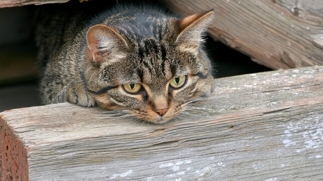 Intense Tabby Cat Gazing from Weathered Wooden Planks - Powered by Adobe