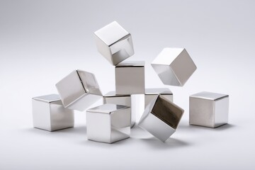 Fototapeta premium Metallic cubes arranged dynamically on a solid surface with soft lighting creating reflections
