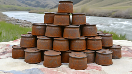 Fototapeta premium Pyramid of rusted cans against a scenic river backdrop captures abandonment and decay