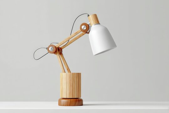 Modern wooden desk lamp with a minimalistic design placed on a white surface in a well-lit room