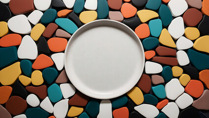Modern Abstract Mosaic Art with Speckled White Center and Multicolored Stone Border in Circular Layout