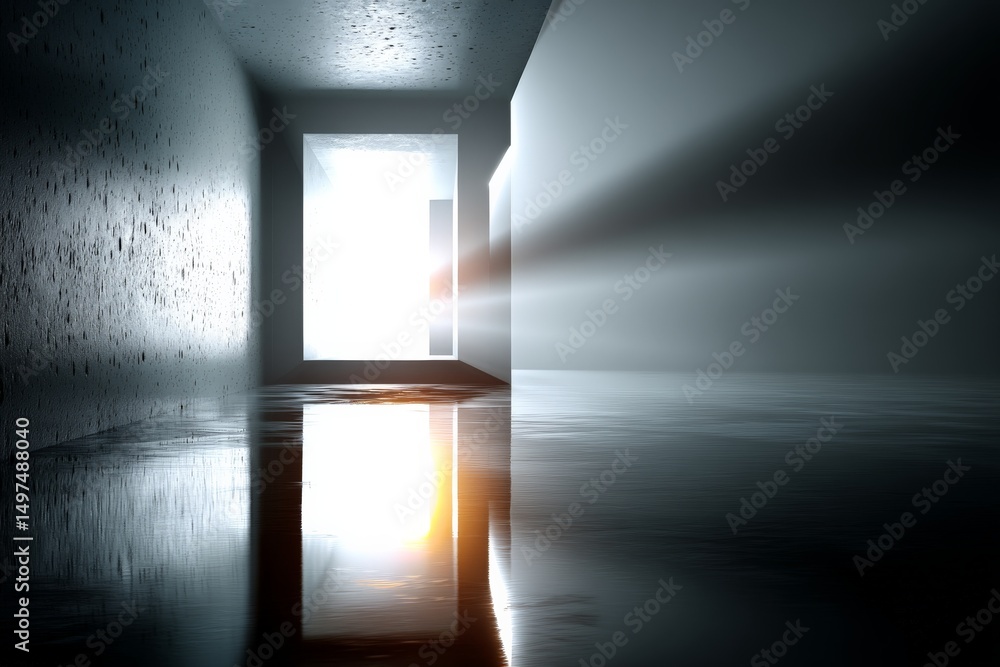 Aufkleber light beams penetrate dark corridor creating an atmosphere of mystery and intrigue in an abandoned s