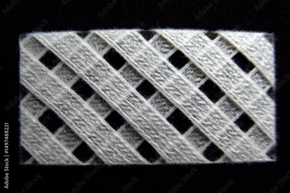 Poster Detailed close-up view of an intricate textile pattern showcasing woven fibers on a dark background