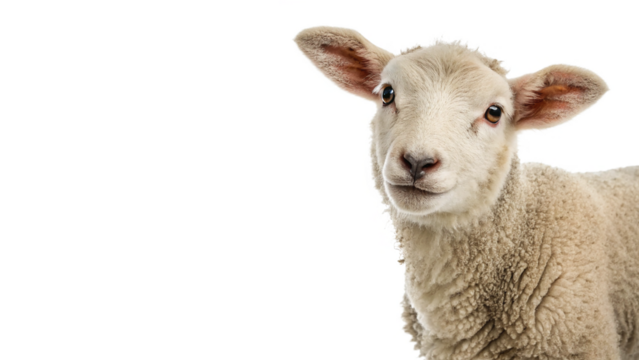 Young sheep looking at camera isolated on transparent background
