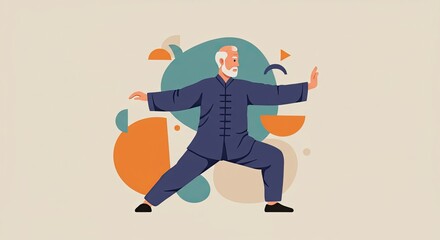 Elderly man Tai Chi graphic, Flat vector illustration, Martial arts active senior, Gentle movement visual, Wellness practice design