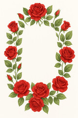 Elegant Rose Frame: An exquisite oval frame artfully crafted with vibrant red roses and lush green leaves, creating a classic and timeless floral design.