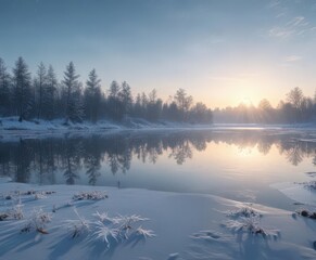 Frozen lake, delicate snowflake silhouettes against a frosty blue sky, winter,  serene,  frozen water