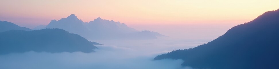 Misty peaks shrouded in soft fog, ethereal light , peaks, landscape