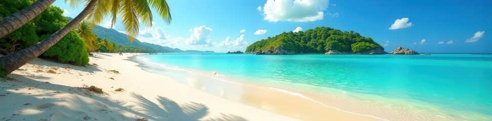 Obraz premium Sun-drenched sand, turquoise water, lush island backdrop, tranquil, water, ocean view