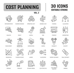 Cost planning line icon set. Editable stroke. Containing budget, expense, estimate, investment, allocation, funding icon. Vector illustration