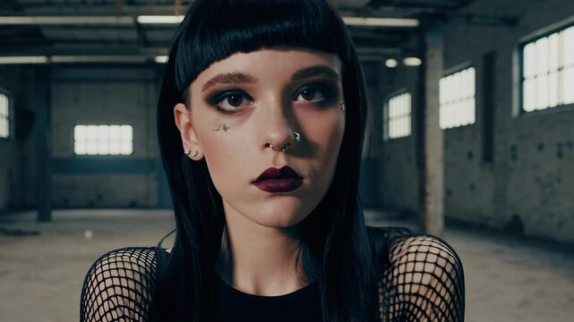 Gothic girl with straight black hair and bangs wearing a black fishnet top, sitting in an abandoned industrial space. Moody and dark fashion aesthetic.