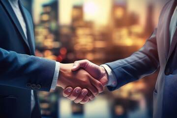 Meeting success. Two business persons shaking hands standing outside
