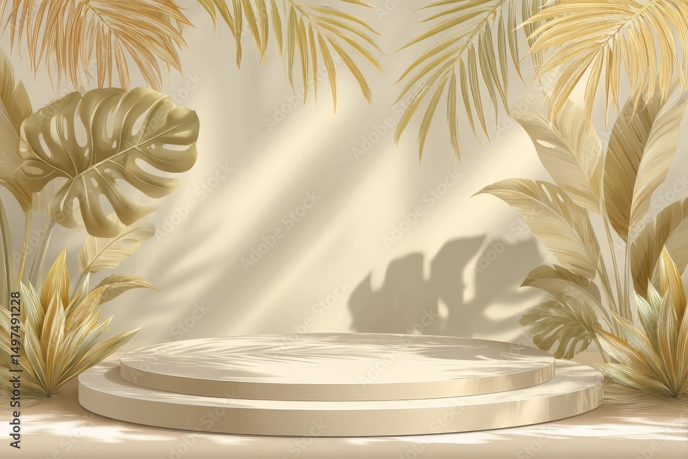 Poster artistic display of tropical leaves and a minimalist platform set in a bright, natural-toned environ