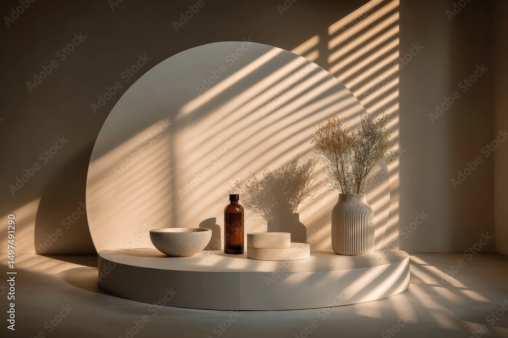 Poster elegant still life arrangement on a minimalist display with soft shadows in warm lighting