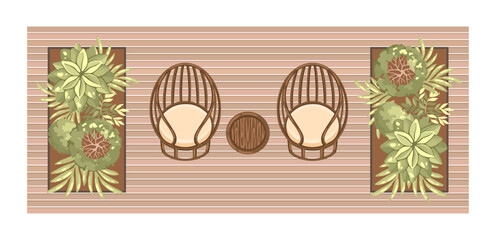 Top view of wooden patio furniture set. Entourage design for architectural floor plans. Vector.