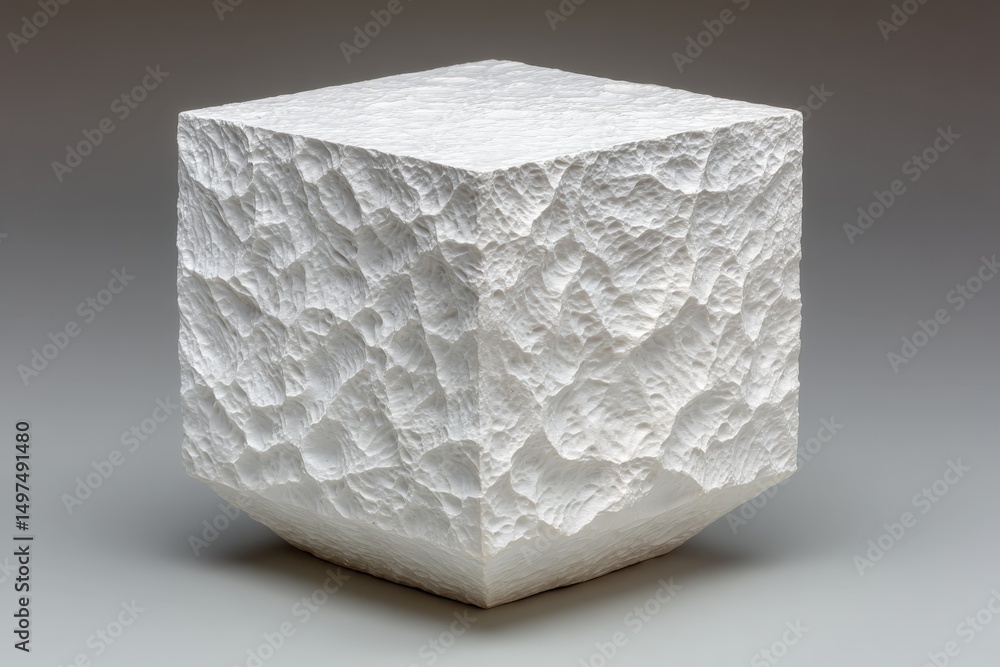 Poster unique textured white cube sculpture showcasing modern design in a minimalist setting