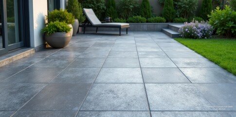 Non-slip grey patio tiles, realistic concrete effect , top view, backdrop