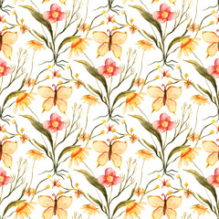 Hand drawn watercolor butterfly and flowers, butterfly and flowers Seamless Pattern,  Watercolor seamless pattern with cute butterfly. Hand drawn animals watercolor seamless pattern